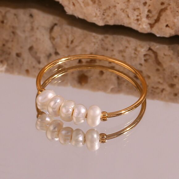 Freshwater Pearl 18K Gold Plated Minimalist Dainty Stacking Beaded Pearl Ring - Picture 2 of 6